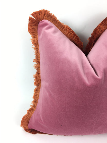 Pink and orange pillow,pink velvet pillow, pink with orange fringe pillow, pink and coral pillow