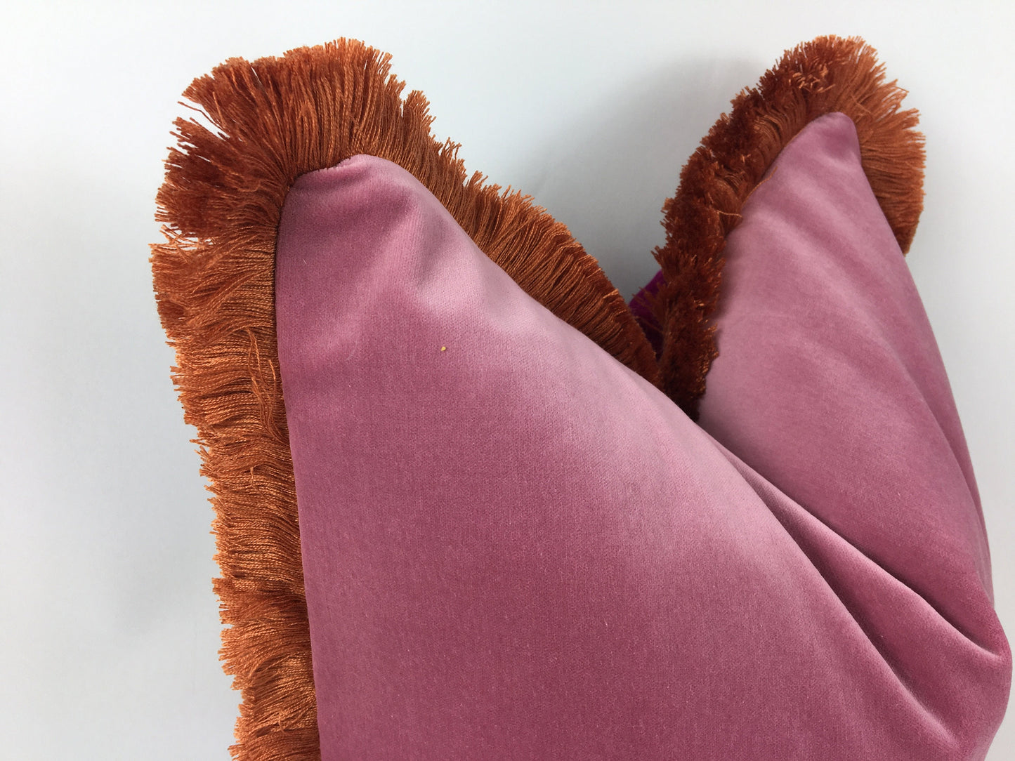 Pink and orange pillow,pink velvet pillow, pink with orange fringe pillow, pink and coral pillow