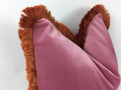 Pink and orange pillow,pink velvet pillow, pink with orange fringe pillow, pink and coral pillow