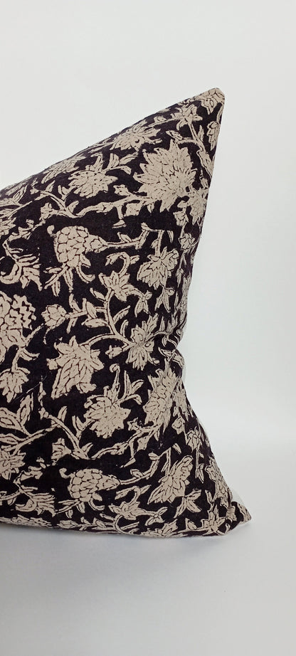 Black block print floral pillow, black floral pillow