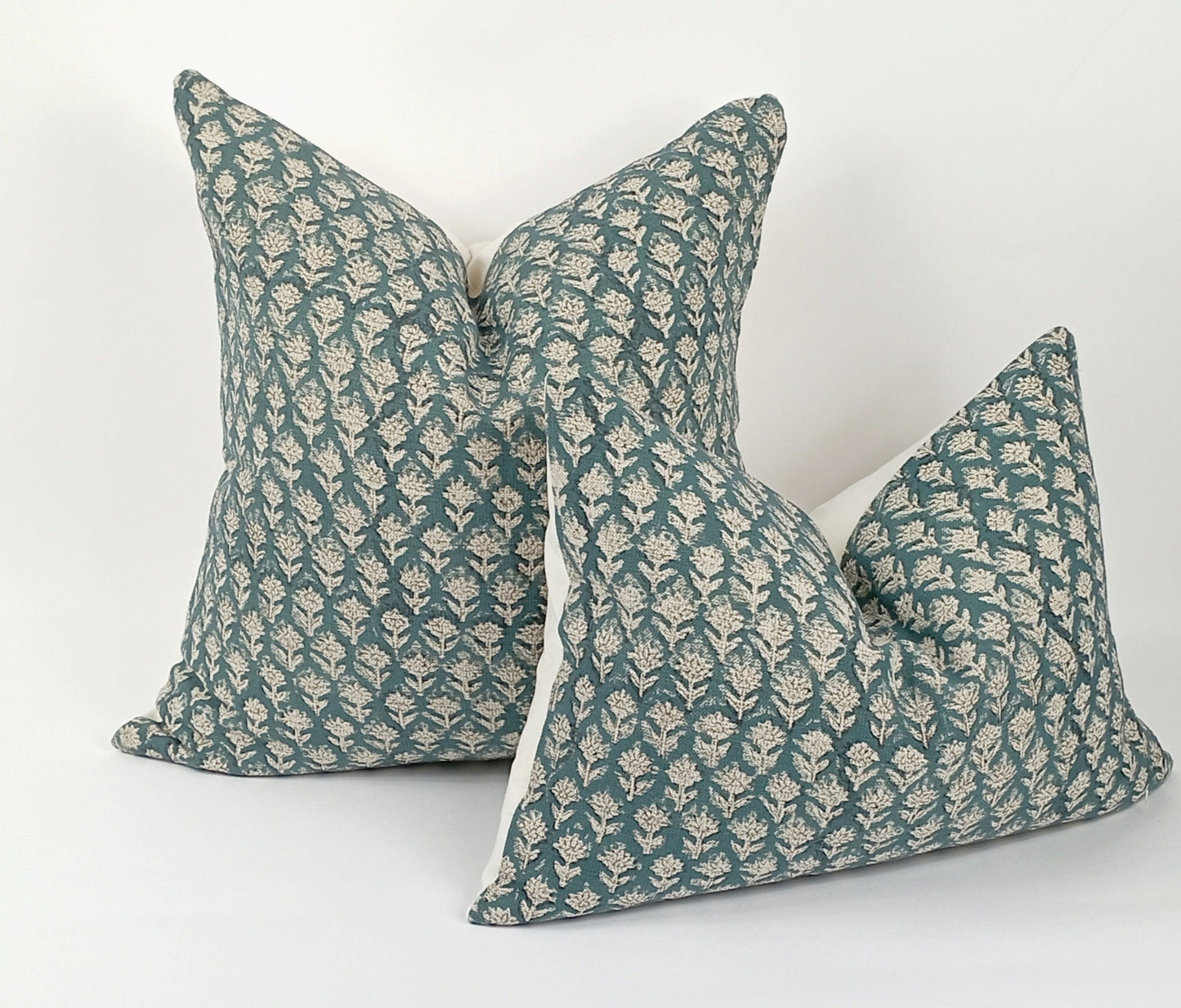 Teal block print floral pillow, teal floral pillow