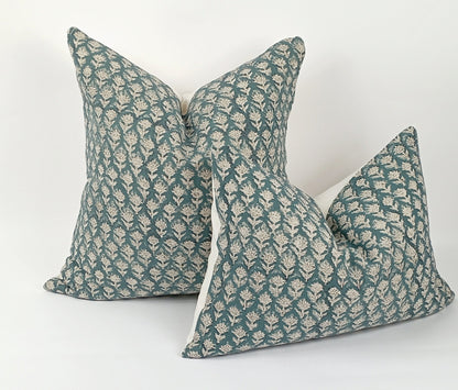 Teal block print floral pillow, teal floral pillow