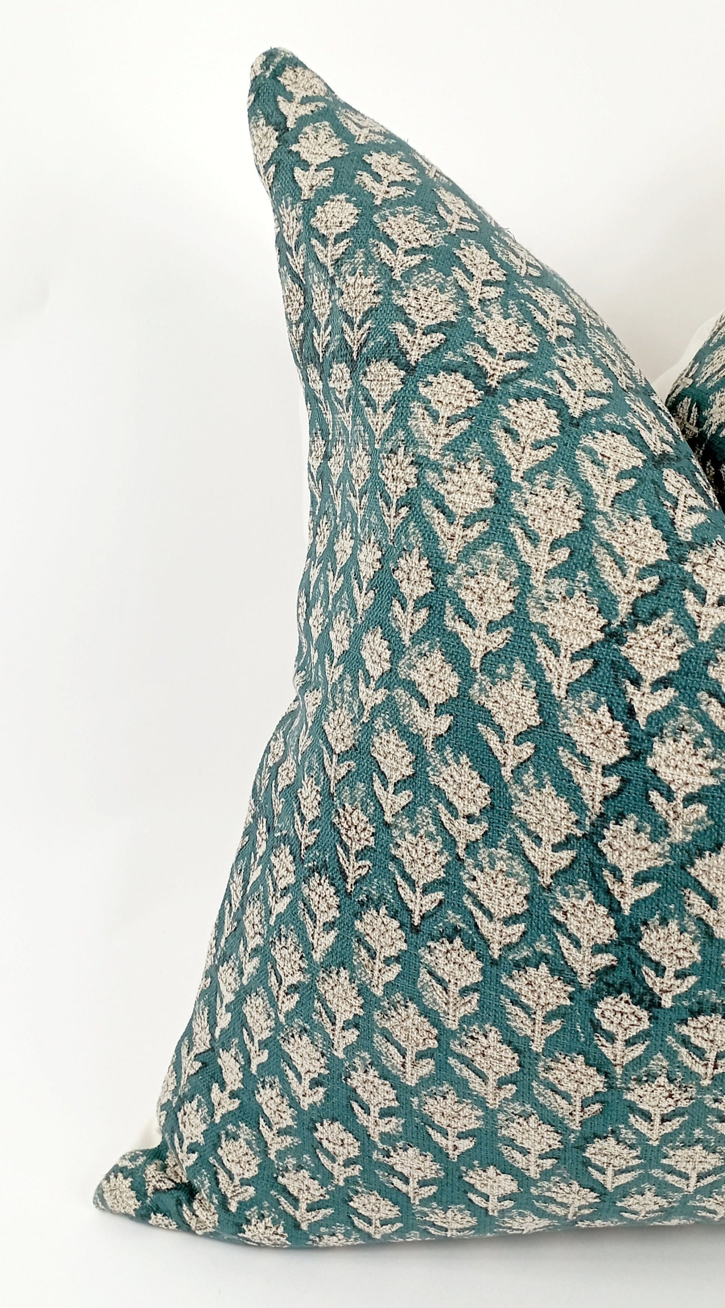 Teal block print floral pillow, teal floral pillow