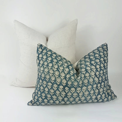 Teal floral block print pillow, teal floral pillow, block print cushion
