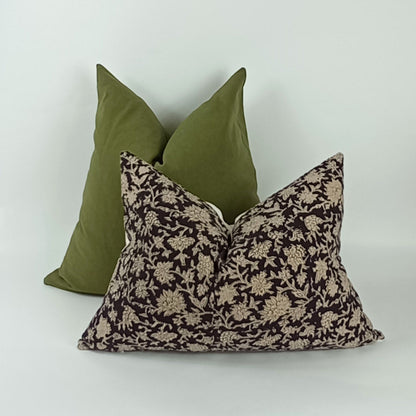 Long lumber block print pillow, block print black floral pillow, block print cushion, neutral throw pillow, designer pillow