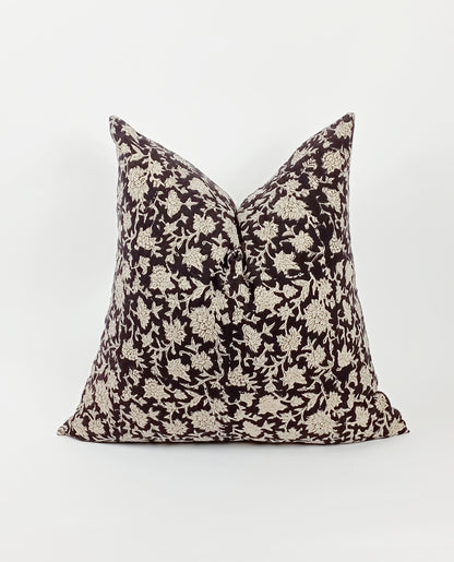 Black block print floral pillow, black floral pillow