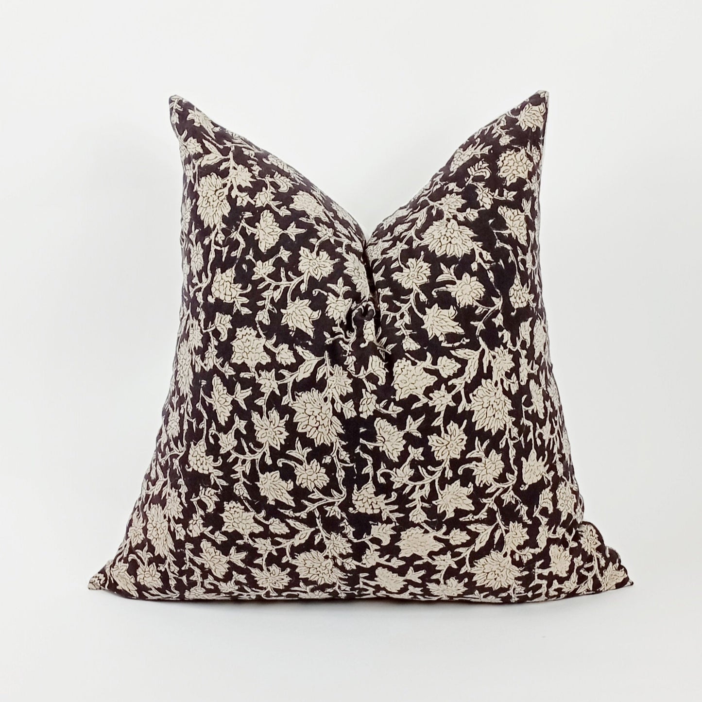 Block print pillow, block print black floral pillow, block print cushion, neutral throw pillow, designer pillow