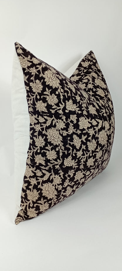 Black block print floral pillow, black floral pillow