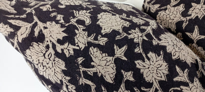 Black block print floral pillow, black floral pillow
