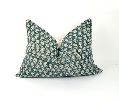 Teal floral block print pillow, teal floral pillow, block print cushion