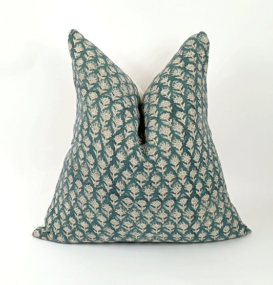 Teal floral block print pillow, teal floral pillow, block print cushion