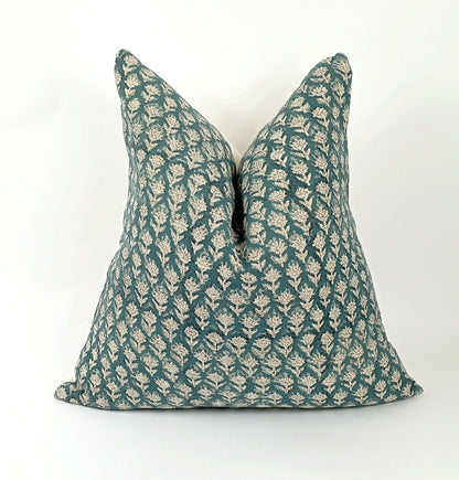 Teal block print floral pillow, teal floral pillow
