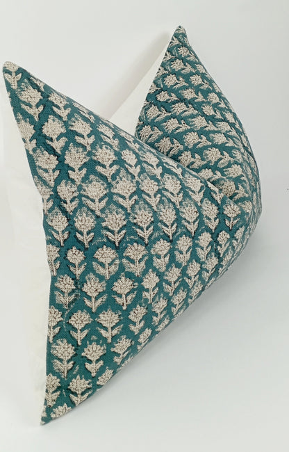 Teal floral block print pillow, teal floral pillow, block print cushion