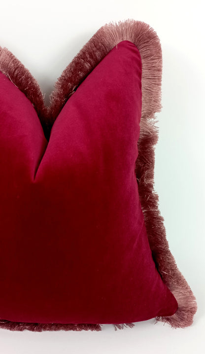 Red and pink velvet pillow, red with pink fringe pillow, red velvet cushion
