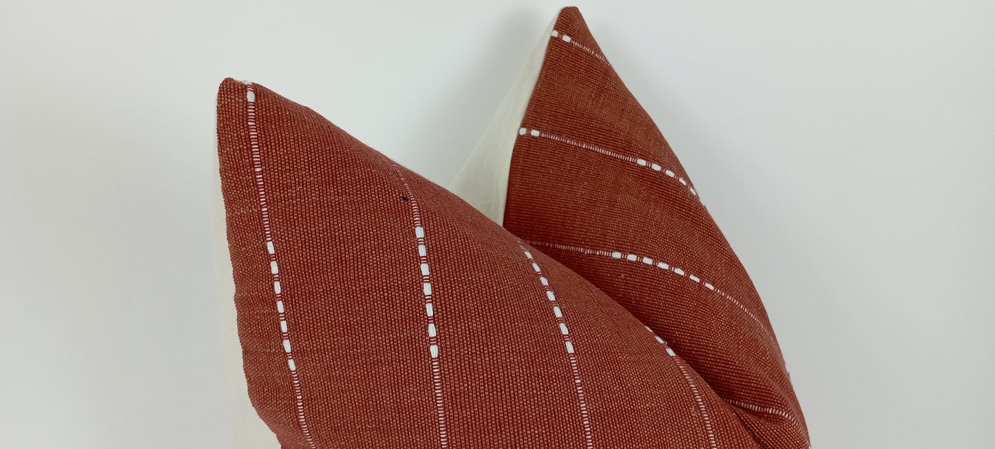 Hmong pillow, rust woven pillow, rust striped pillow, rust neutral pillow
