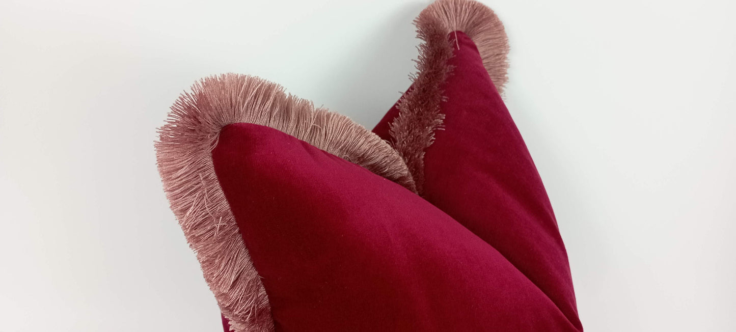 Red and pink velvet pillow, red with pink fringe pillow, red velvet cushion