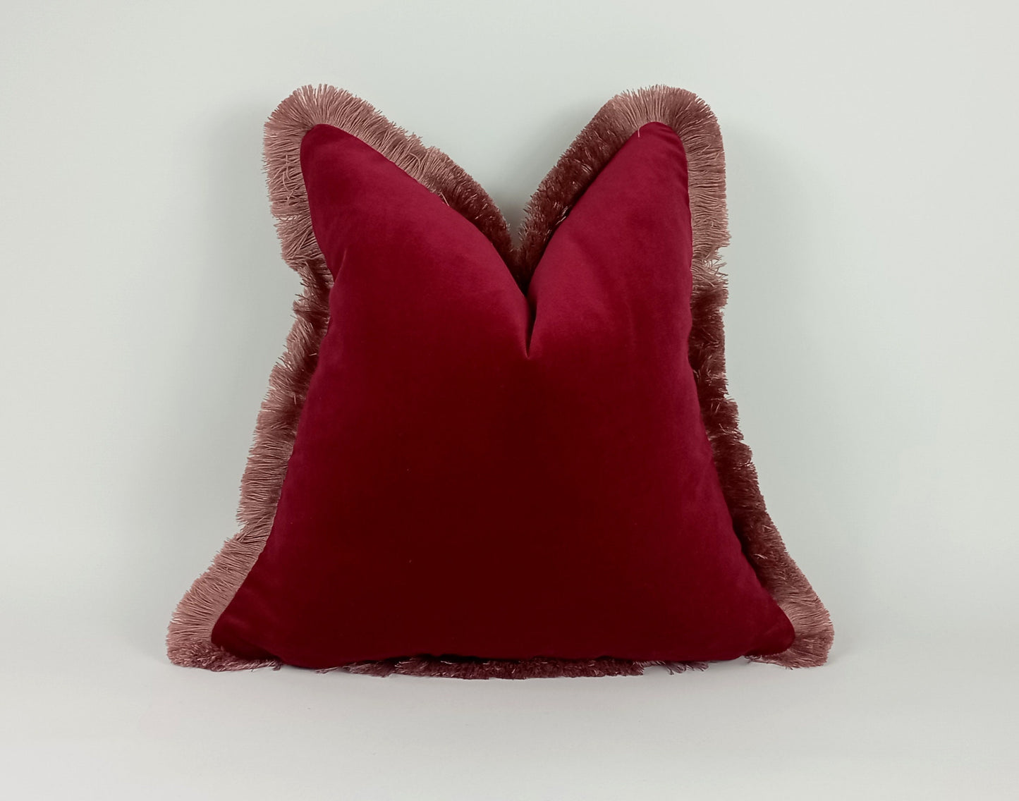 Red and pink velvet pillow, red with pink fringe pillow, red velvet cushion