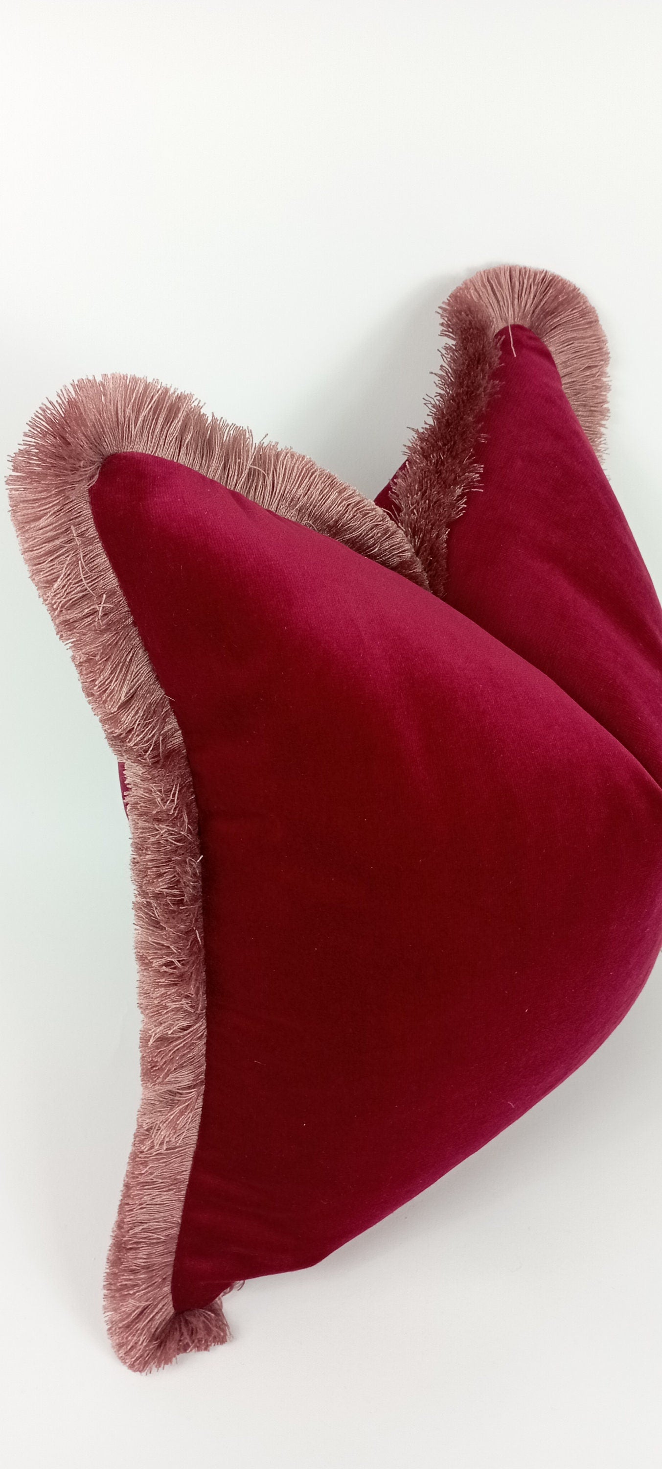 Red and pink velvet pillow, red with pink fringe pillow, red velvet cushion