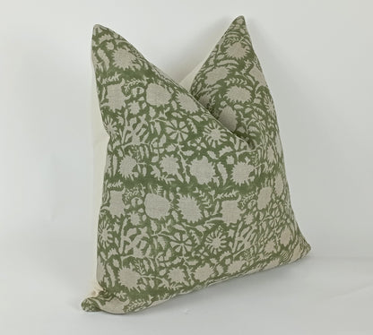 green floral block print pillow, green floral pillow, green block print cushion