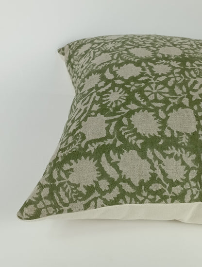 green floral block print pillow, green floral pillow, green block print cushion