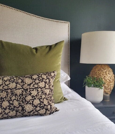 Long lumber block print pillow, block print black floral pillow, block print cushion, neutral throw pillow, designer pillow