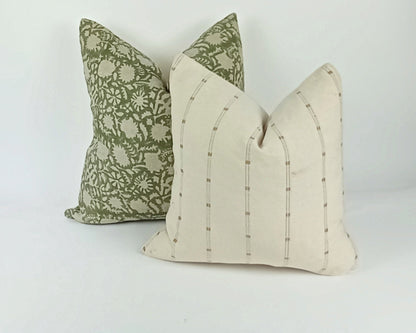 green floral block print pillow, green floral pillow, green block print cushion