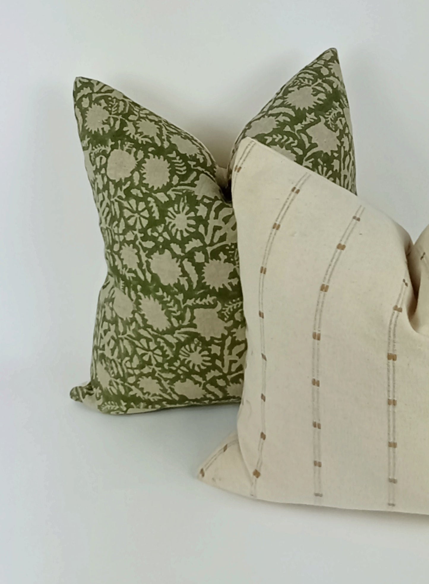 green floral block print pillow, green floral pillow, green block print cushion