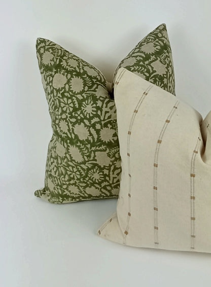 green floral block print pillow, green floral pillow, green block print cushion