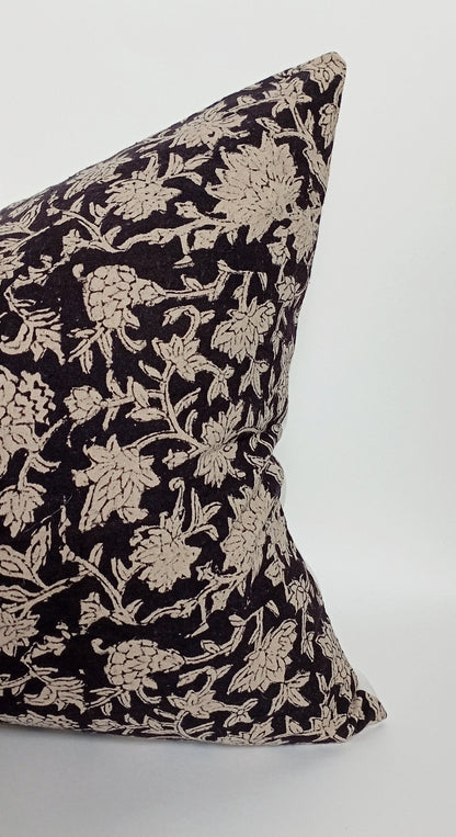 Block print pillow, block print black floral pillow, block print cushion, neutral throw pillow, designer pillow
