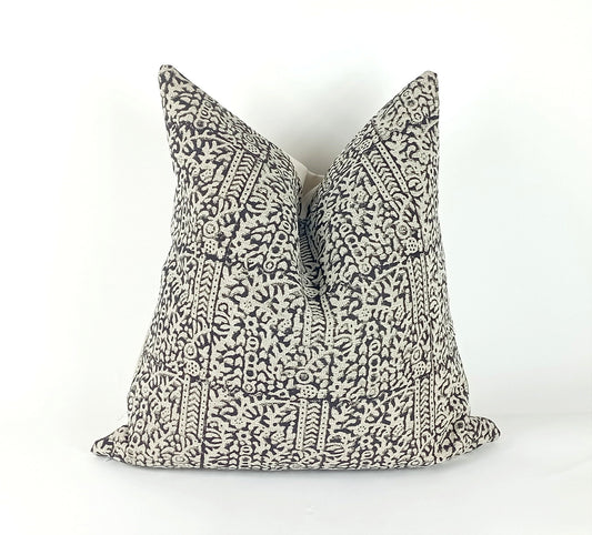 Block print pillow, black block print pillow, block printed cushion