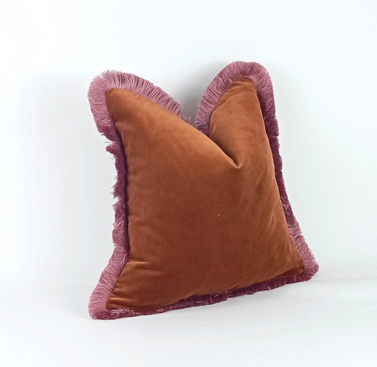 Rust velvet and pink fringe pillow, brown and pink pillow, rust velvet pillow