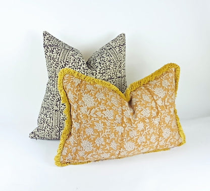 Block print pillow, block print fabric, yellow block print pillow, block print cushion, mustard linen pillow