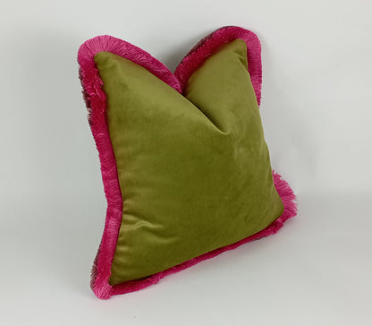 olive green with pink brush fringe pillow, green and pink velvet cushion, green fringe cushion, green and pink cushion