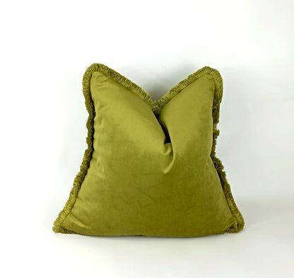 Chartreuse green brush fringe pillow, green velvet cushion, brush fringed pillow, green finge cushion, green brush fringe