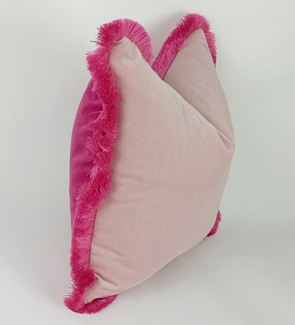 Pink brush fringe pillow, pink velvet cushion, brush fringed pillow, pink finged pillow, pink brush fringe