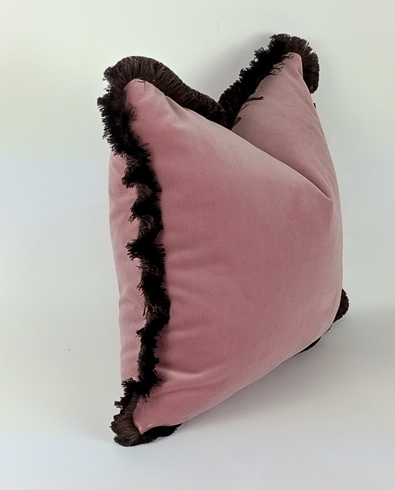 pink velvet brush fringed pillow, pink velvet cushion, pink and brown pillow, pink finged pillow, pink brush fringe, pink velvet pillow