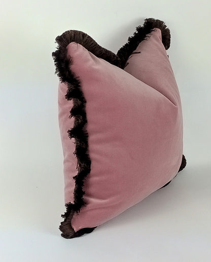 pink velvet brush fringed pillow, pink velvet cushion, pink and brown pillow, pink finged pillow, pink brush fringe, pink velvet pillow