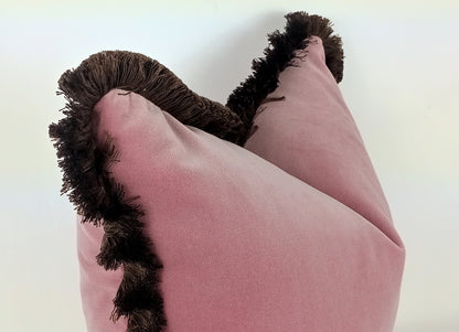 pink velvet brush fringed pillow, pink velvet cushion, pink and brown pillow, pink finged pillow, pink brush fringe, pink velvet pillow