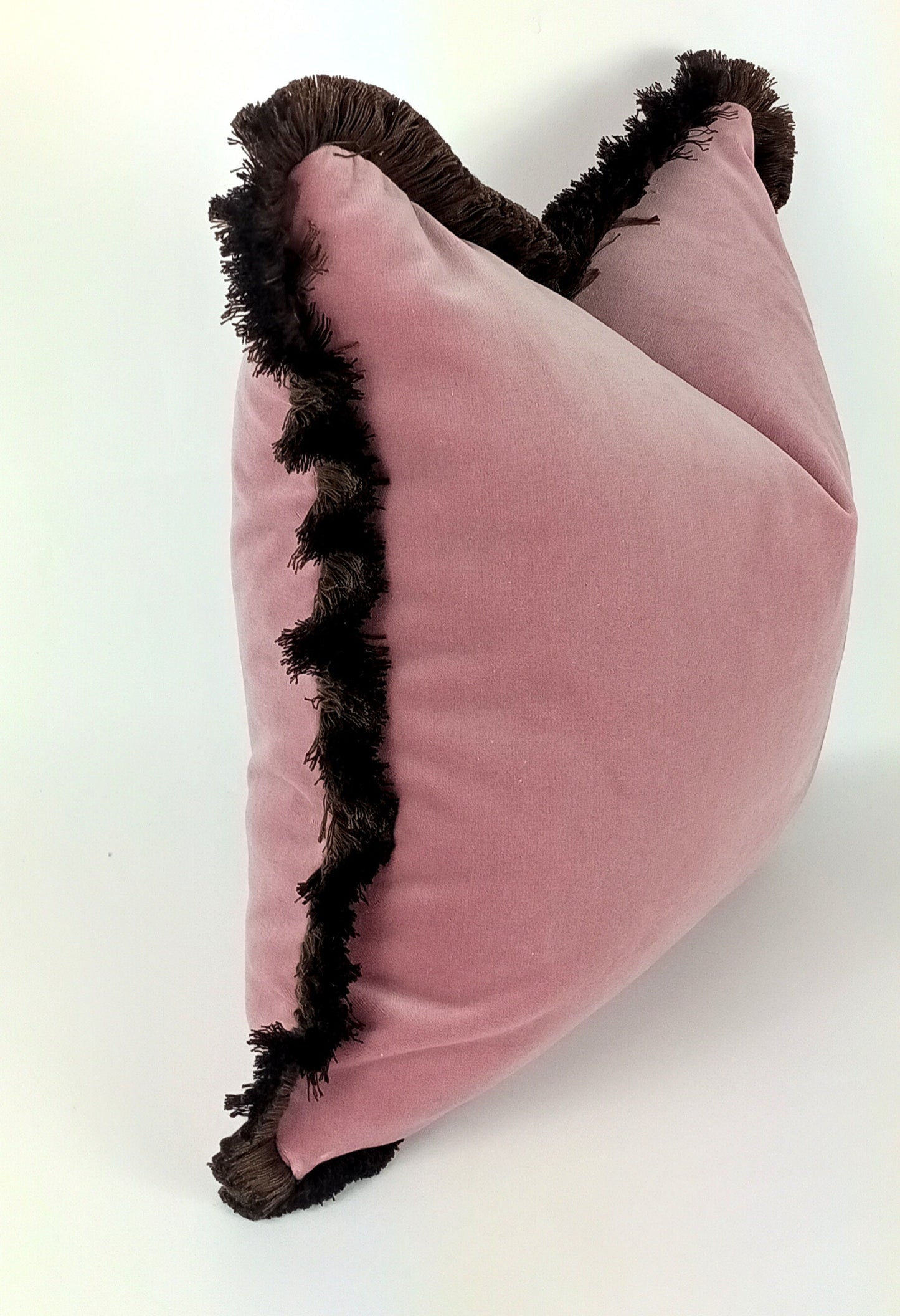 pink velvet brush fringed pillow, pink velvet cushion, pink and brown pillow, pink finged pillow, pink brush fringe, pink velvet pillow