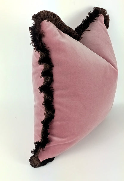 pink velvet brush fringed pillow, pink velvet cushion, pink and brown pillow, pink finged pillow, pink brush fringe, pink velvet pillow
