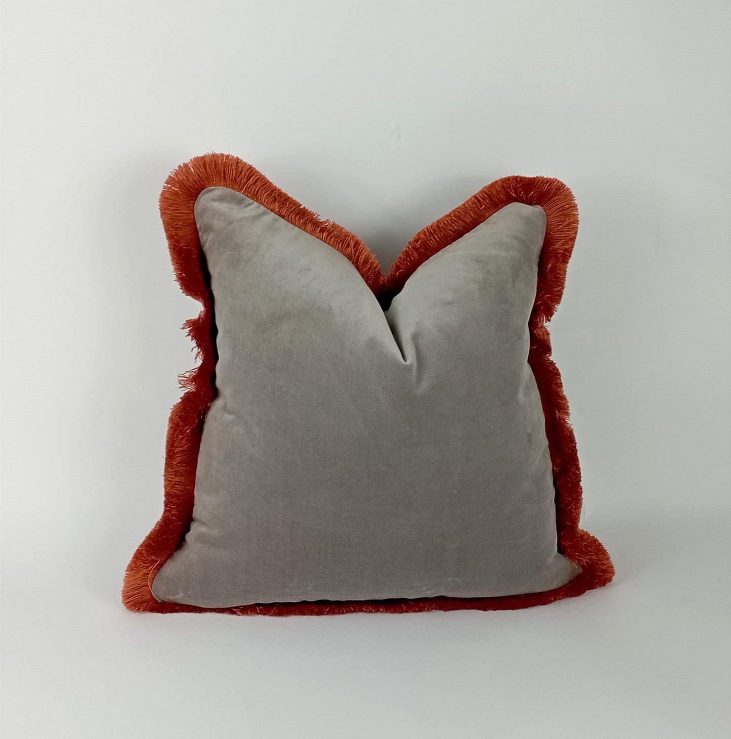 Grey and orange velvet pillow, grey velvet cushion, grey and orange pillow, orange fringed pillow, grey brush fringe, grey velvet pillow