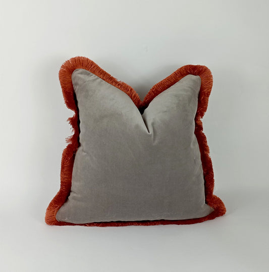 Grey and orange velvet pillow, grey velvet cushion, grey and orange pillow, orange fringed pillow, grey brush fringe, grey velvet pillow