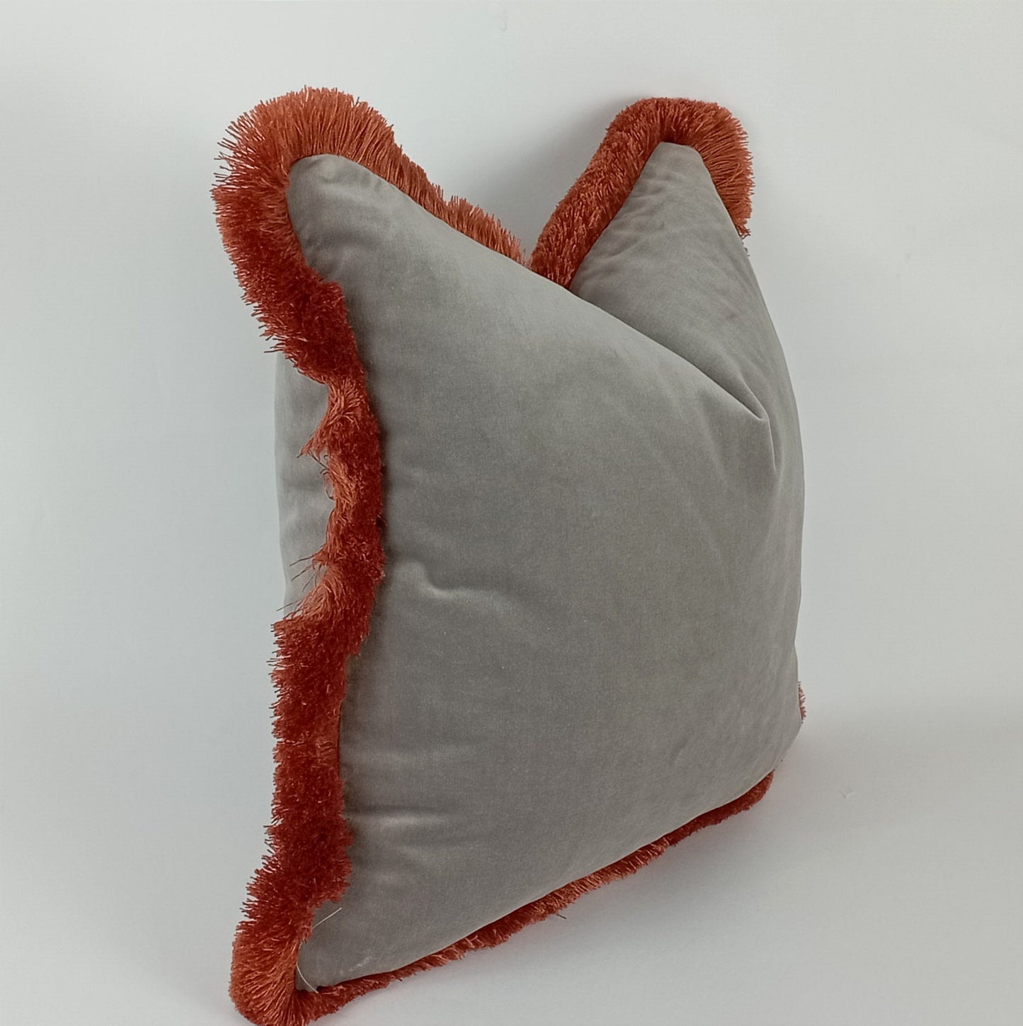 Grey and orange velvet pillow, grey velvet cushion, grey and orange pillow, orange fringed pillow, grey brush fringe, grey velvet pillow
