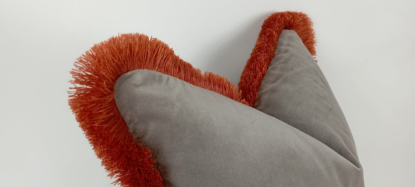 Grey and orange velvet pillow, grey velvet cushion, grey and orange pillow, orange fringed pillow, grey brush fringe, grey velvet pillow