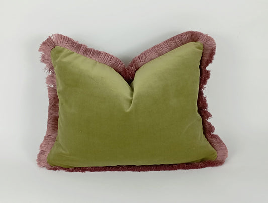 Sage green with dusty pink fringe velvet pillow, green and pink velvet cushion, velvet fringe pillow, green and pink cushion