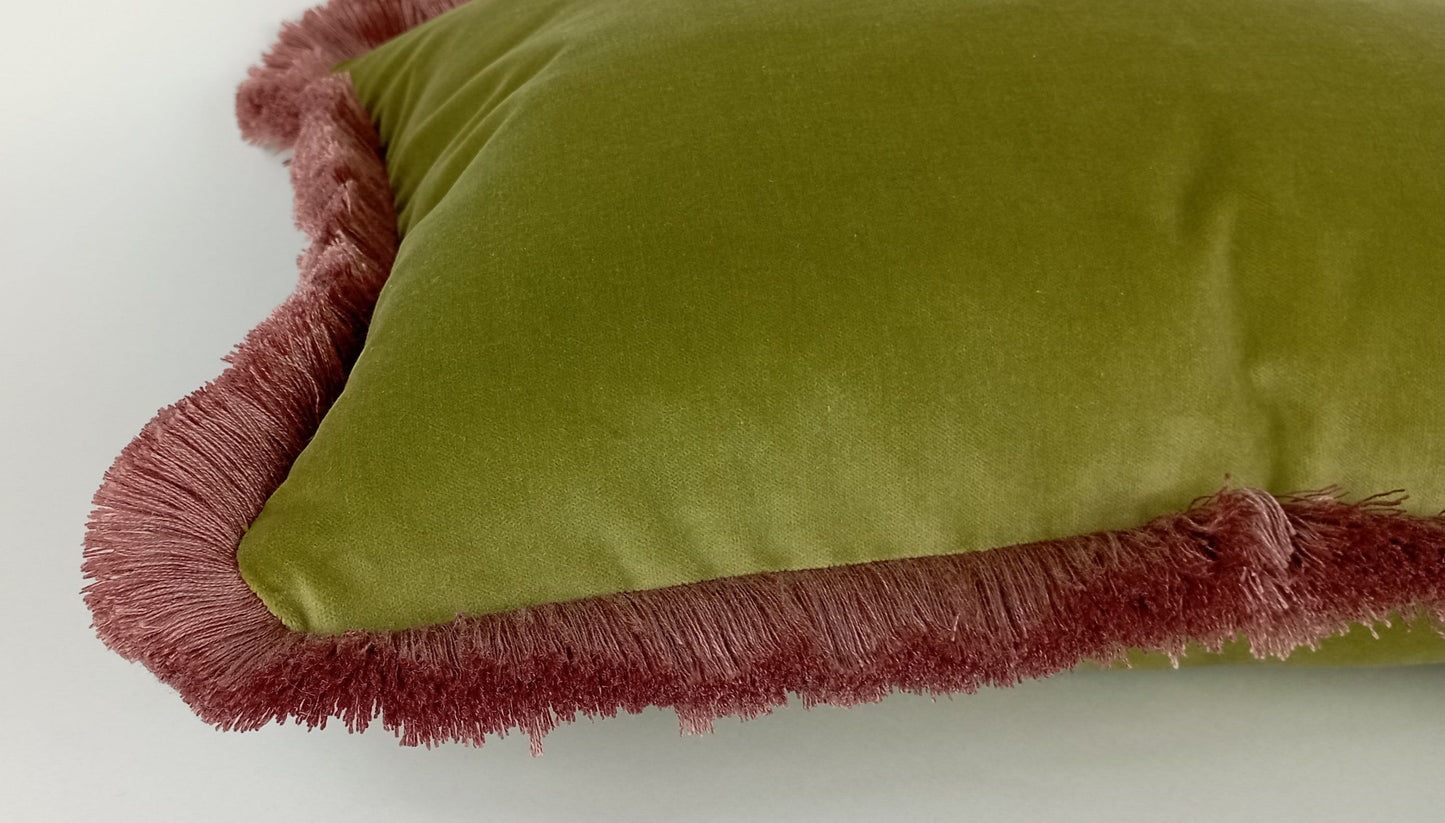 Sage green with dusty pink fringe velvet pillow, green and pink velvet cushion, velvet fringe pillow, green and pink cushion