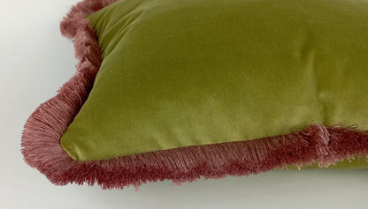Sage green with dusty pink fringe velvet pillow, green and pink velvet cushion, velvet fringe pillow, green and pink cushion