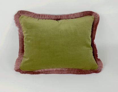 Sage green with dusty pink fringe velvet pillow, green and pink velvet cushion, velvet fringe pillow, green and pink cushion