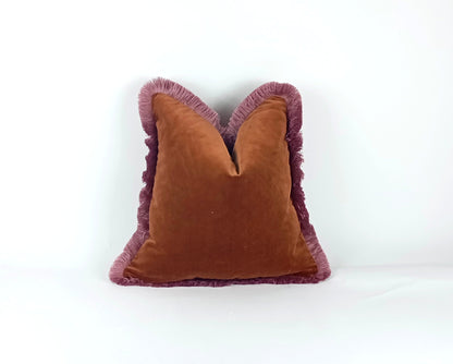 Rust velvet and pink fringe pillow, brown and pink pillow, rust velvet pillow
