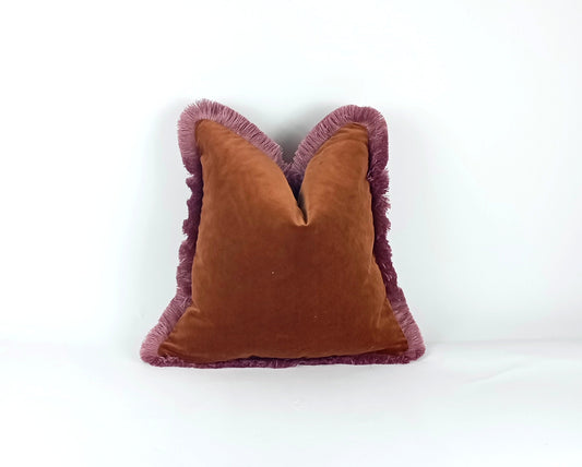 Rust velvet and pink fringe pillow, brown and pink pillow, rust velvet pillow